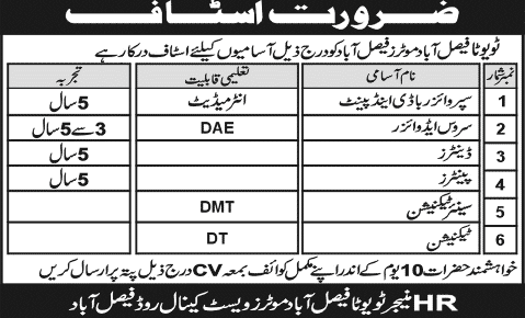Toyota Faisalabad Motors Jobs 2014 for Supervisor, Service Advisor, Denters, Painters & Technicians