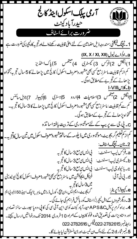 Army Public School & College Hyderabad Cantt Jobs 2014 for Teaching Faculty & Non-Teaching Staff