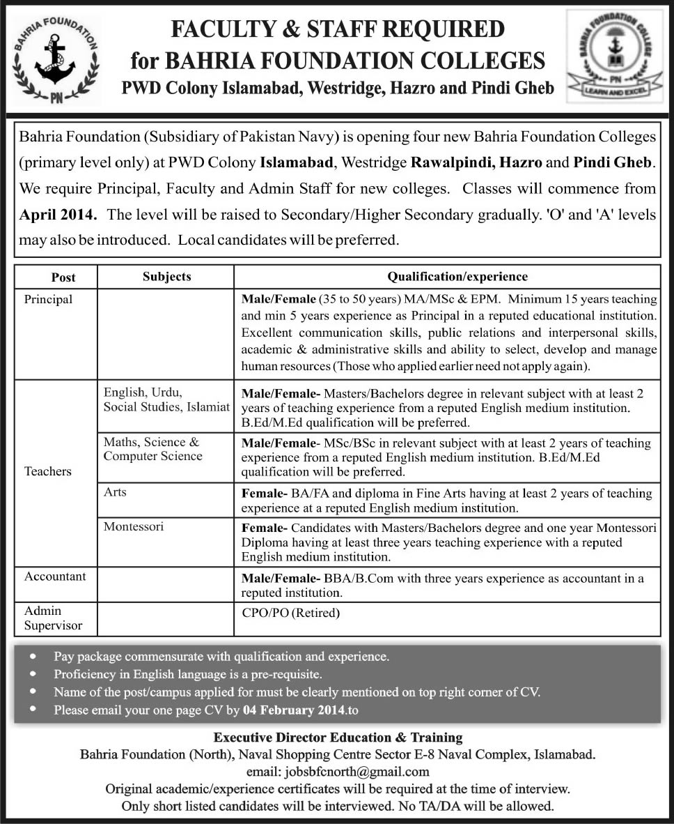 Bahria Foundation Colleges Jobs 2014 for Faculty & Administrative Staff