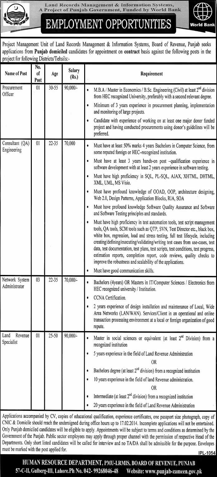 LRMIS Punjab Jobs 2014 for Procurement Officer, Software Engineer, Network Administrator & Land Revenue Specialist
