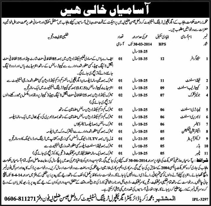 Agricultural Training Institute Karor Lal Esan Layyah Jobs 2014 March for Agriculture Department Punjab