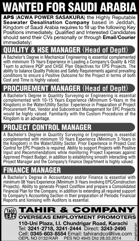 Engineering Jobs in Saudi Arabia 2014 March / April for Pakistanis at ACWA Power Sasakura