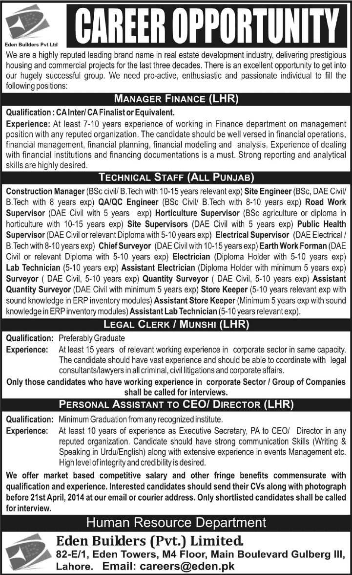 Eden Builders Jobs 2014 April Latest Advertisement