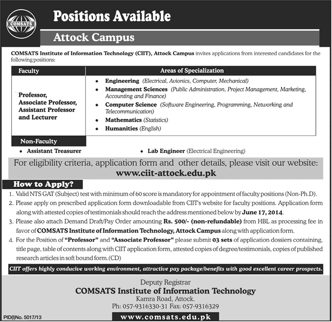 CIIT Attock Jobs 2014 June for Teaching Faculty & Non-Teaching Staff