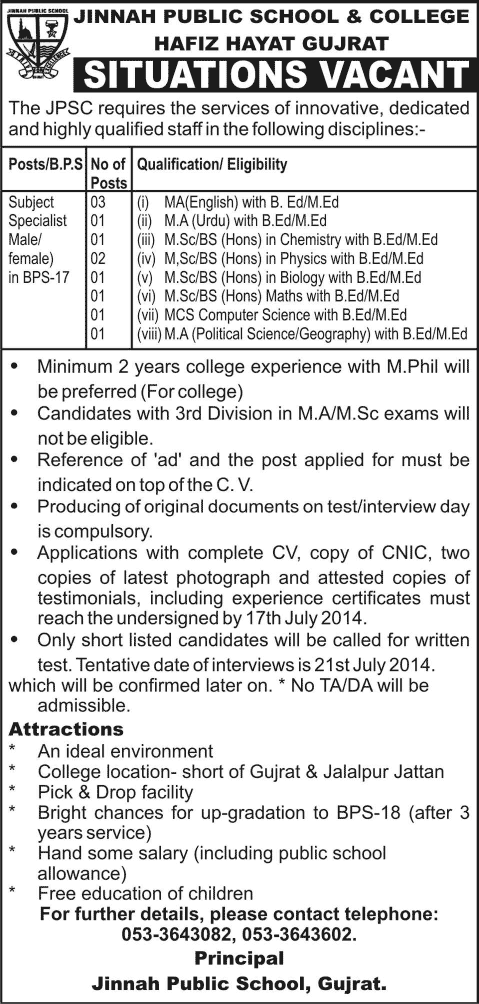 Jinnah Public School & College Gujrat Jobs 2014 July for Teaching Faculty
