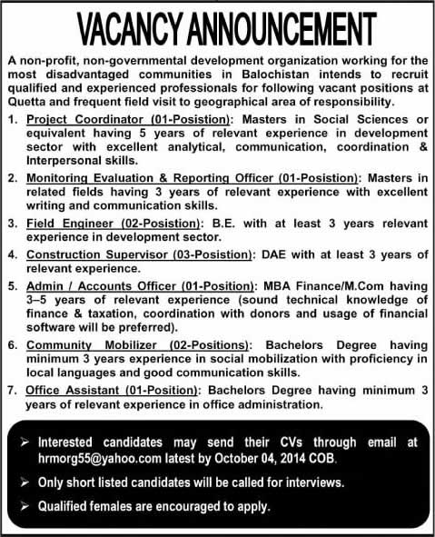 NGO Jobs in Quetta Balochistan 2014 September / October Latest