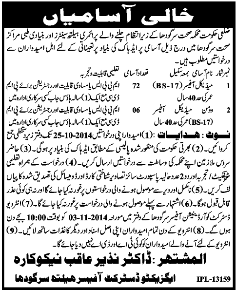Health Department Sargodha Jobs 2014 October Medical Officers & Women Medical Officers