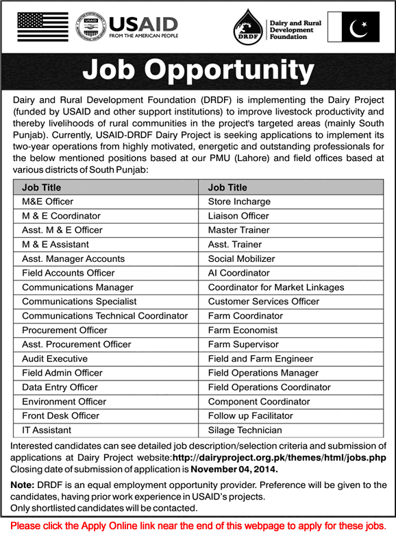 DRDF Jobs 2014 October / November USAID DRDF Project Pakistan Online Application Form
