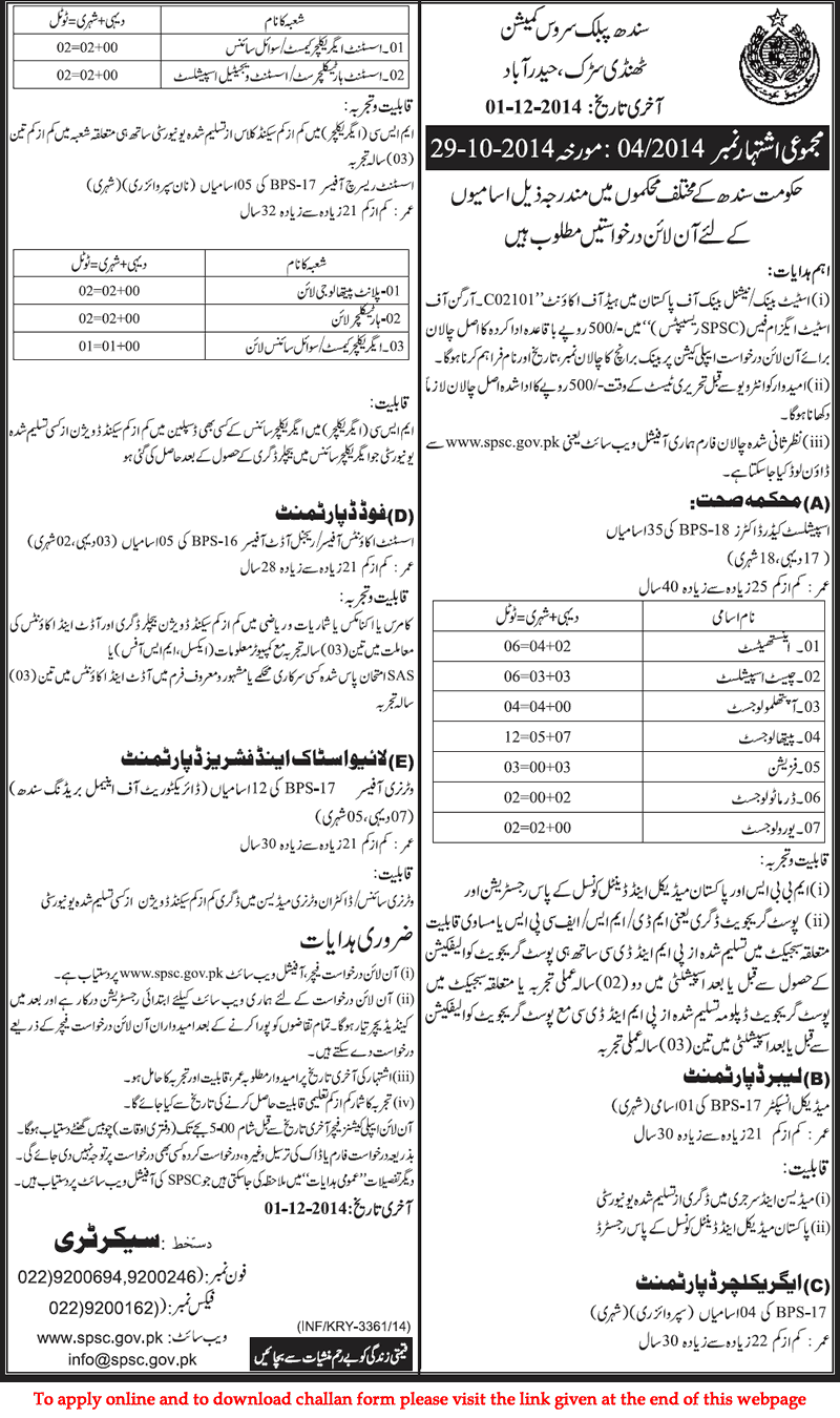 Sindh Public Service Commission Jobs November 2014 SPSC Advertisement No 04/2014 4/2014
