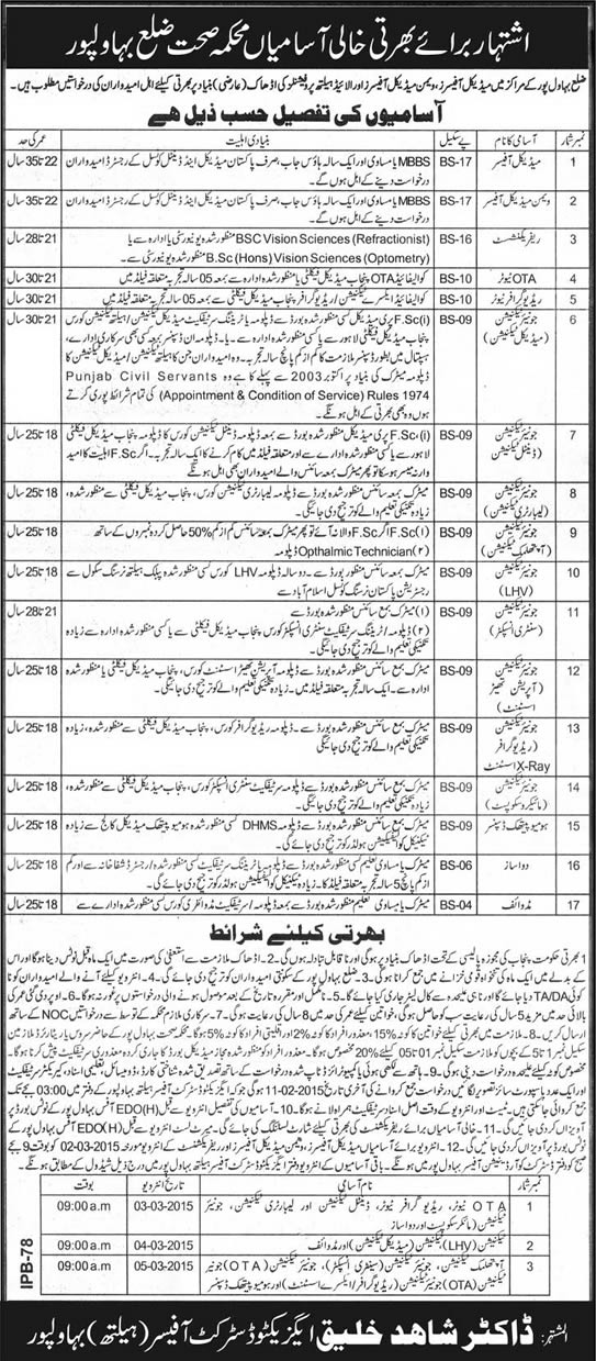 Health Department Bahawalpur Jobs 2015 February Medical Officers / Technicians, Midwife & Others