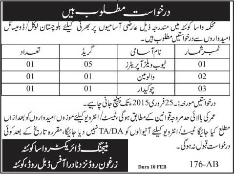 Chowkidar, Tube Well Operator & Valve Man Jobs in WASA Quetta 2015 February Latest