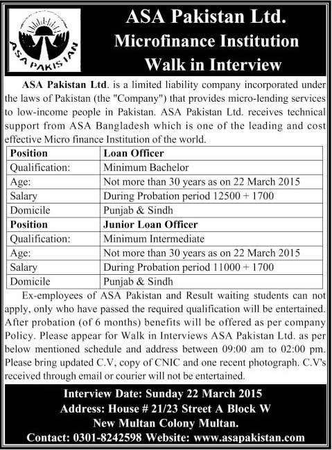 ASA Pakistan Jobs 2015 March Junior / Load Officers Walk in Interviews Microfinance Institution