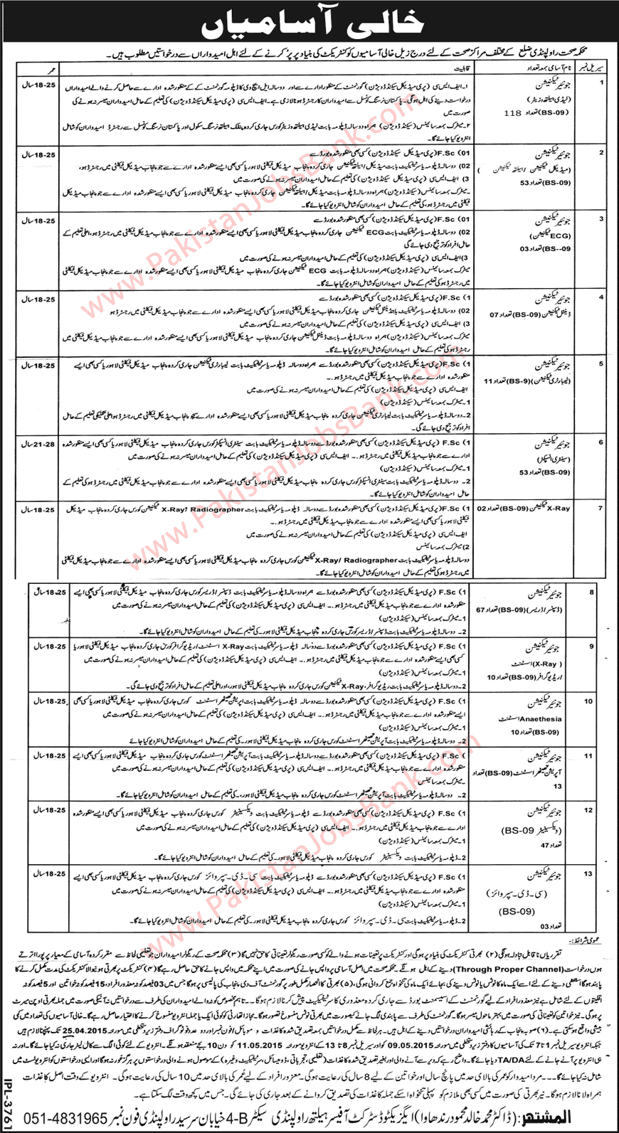 Health Department Rawalpindi Jobs 2015 April Lady Health Visitors, Sanitary Inspector, Dispenser & Others