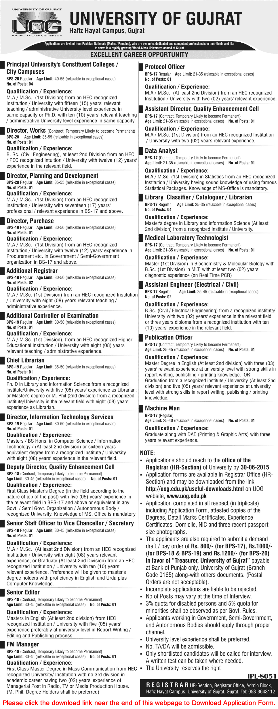 University of Gujrat Jobs 2015 June Hafiz Hayat Campus Admin Staff Application Form Download