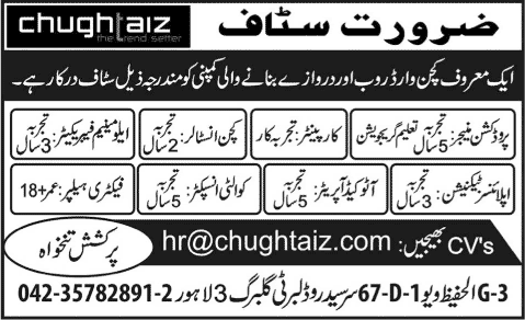 Chughtaiz Kitchen Wardrobe & Door Company Lahore Jobs 2015 June Carpenter, Quality Inspector & Others