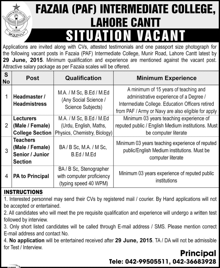 Fazaia PAF Intermediate College Lahore Cantt Jobs 2015 June Headmaster, Lecturers, Teachers & Assistant