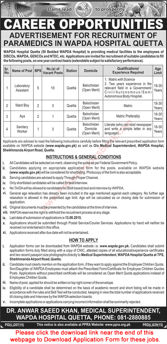 WAPDA Hospital Quetta Jobs 2015 July Application Form Lab Assistant, Ward Boy, Sanitary Worker & Aya