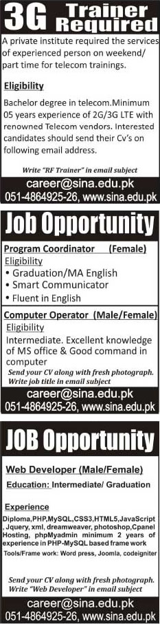 SINA Institute Islamabad Jobs 2015 July for 3G Trainer, Program Coordinator & Web Developer