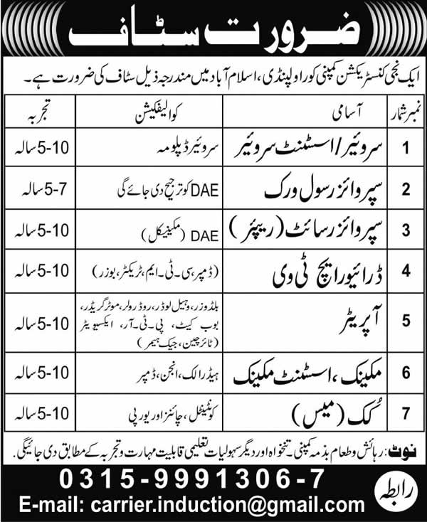 Construction Jobs in Rawalpindi / Islamabad 2015 September Engineers, Vehicle Driver / Operators & Others