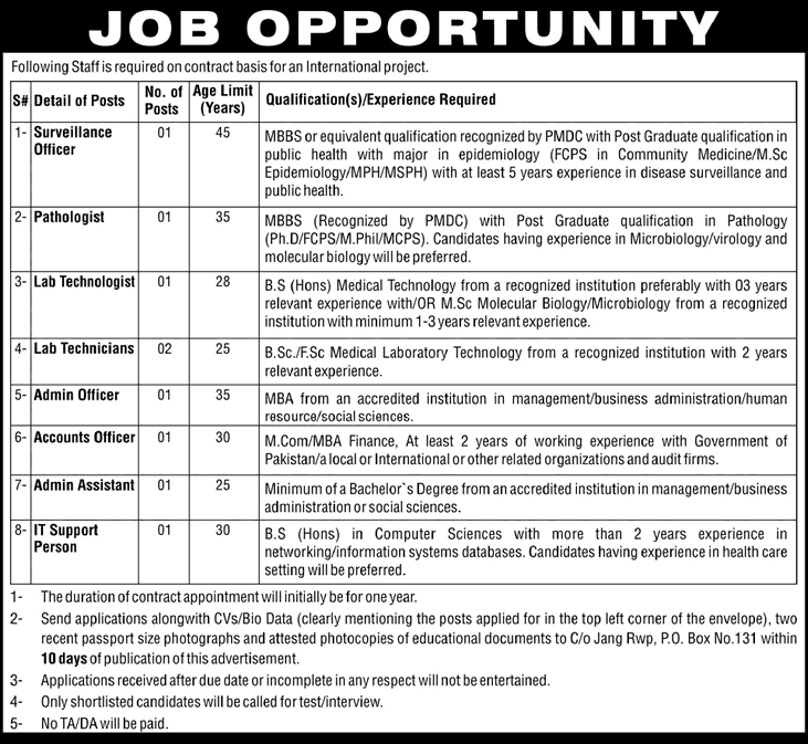 International Project Jobs in Islamabad 2015 September Pathologist, IT, Admin & Accounts Staff