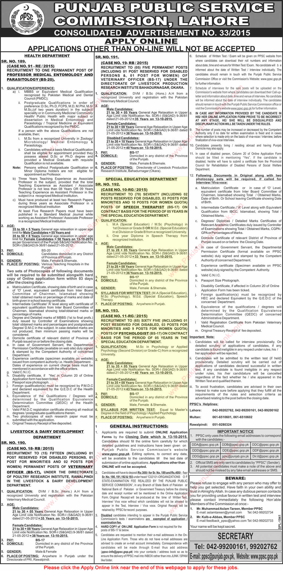 Special Education Department Punjab Jobs 2015 September Speech Therapist & Psychologist PPSC Online Apply Latest