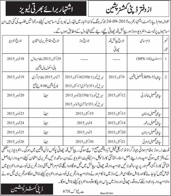 Balochistan Levies Pishin Jobs 2015 October Test / Interview Schedule for Assistants & Sipahi Latest