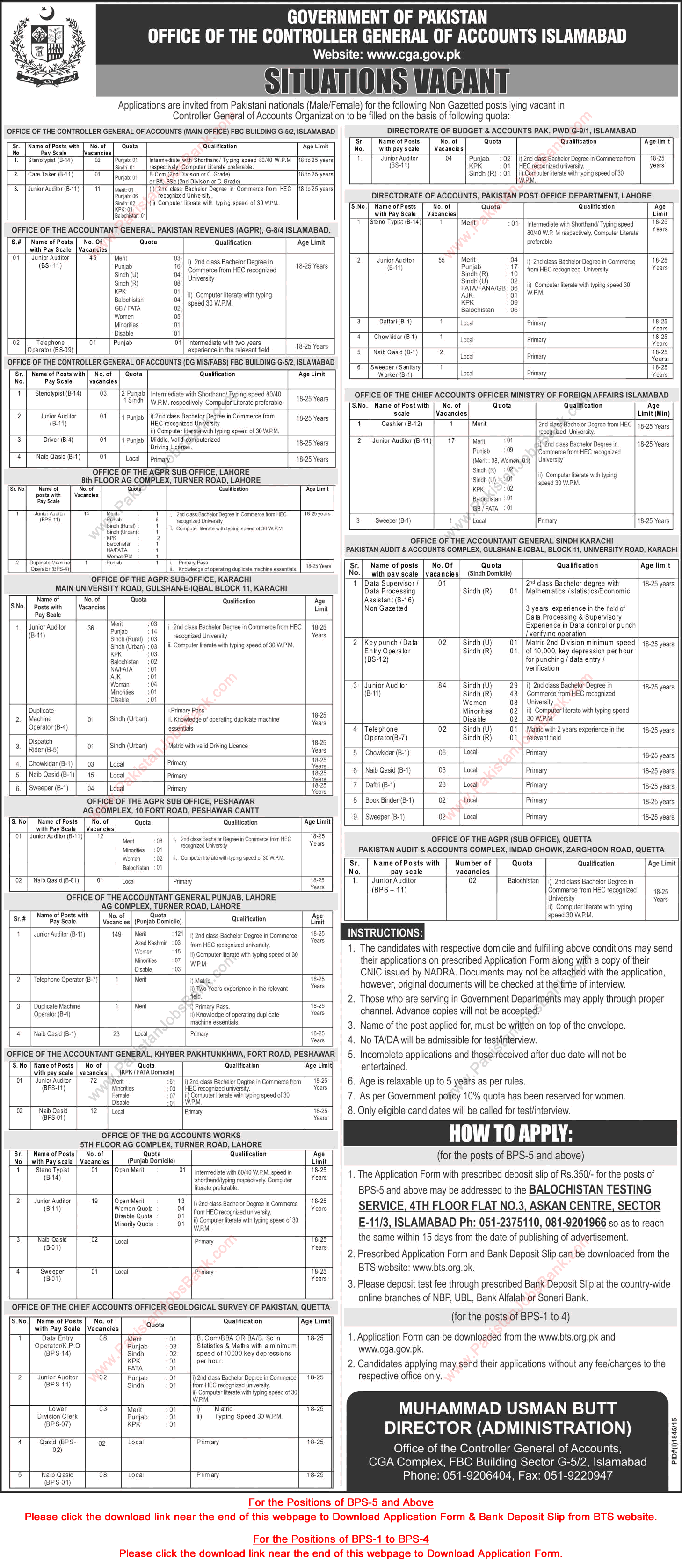 Controller General of Accounts Pakistan Jobs 2015 October BTS Application Form Download CGA Latest