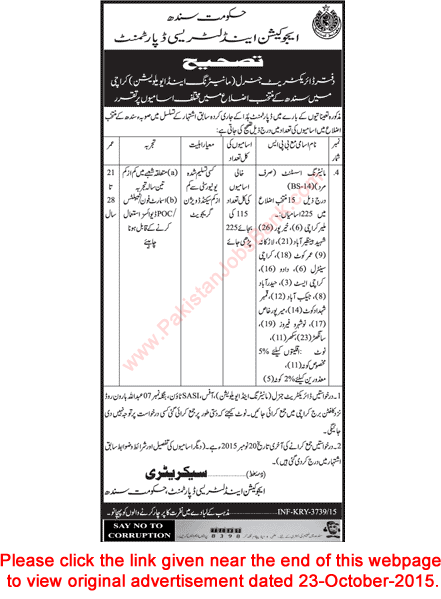 Education and Literacy Department Sindh Jobs 2015 November Monitoring Assistant Corrigendum