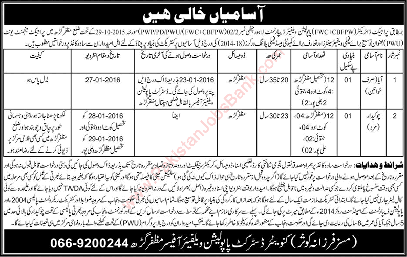 Population Welfare Department Muzaffargarh Jobs 2016 Aya & Chowkidar Mehkma Behbood-e-Abadi