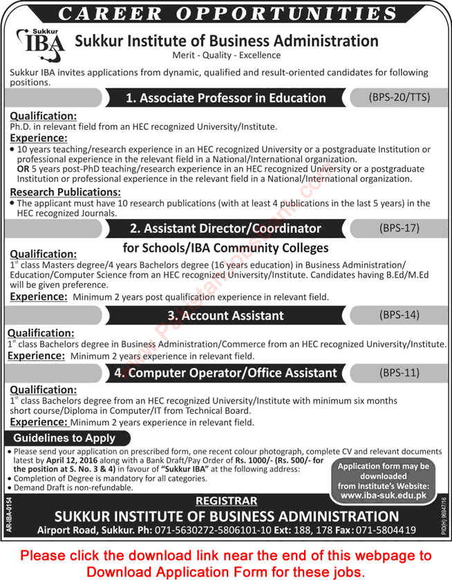 IBA Sukkur Jobs 2016 March / April Application Form Computer Operator, Account Assistant & Others Latest