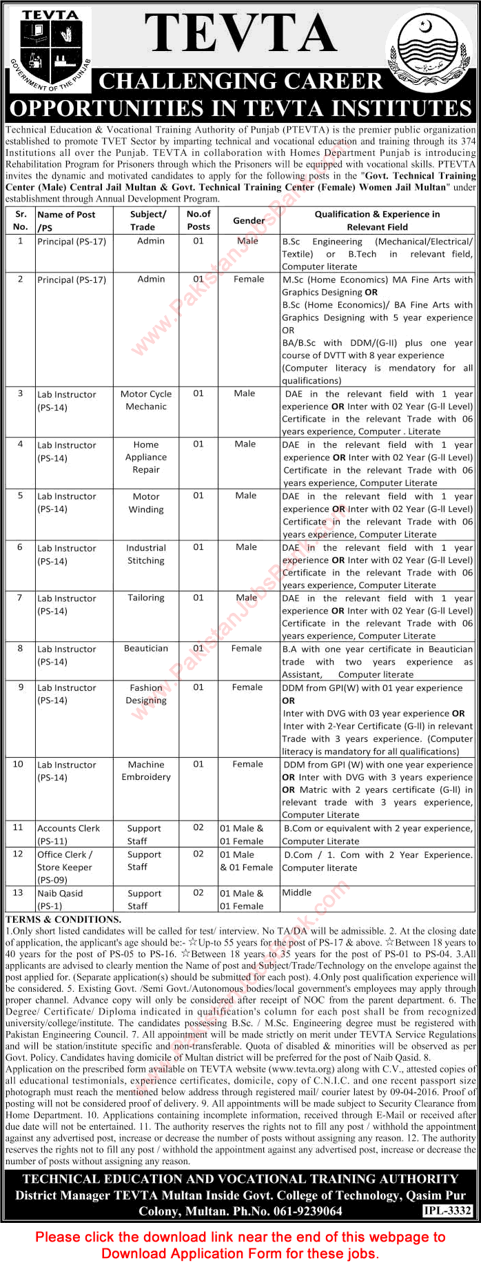 TEVTA Punjab Jobs March 2016 April Multan Application Form Government Technical Training Centers Latest