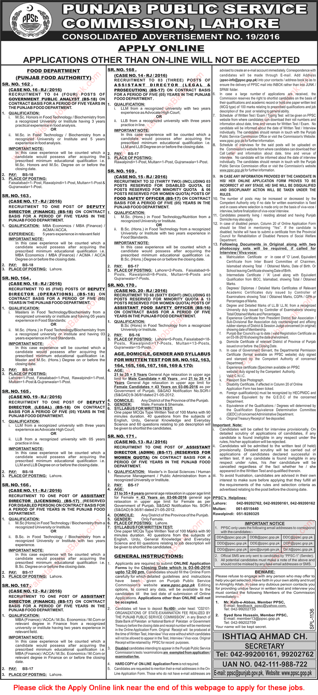 Punjab Food Authority Jobs May 2016 Food Safety Officers & Others PPSC Apply Online Latest