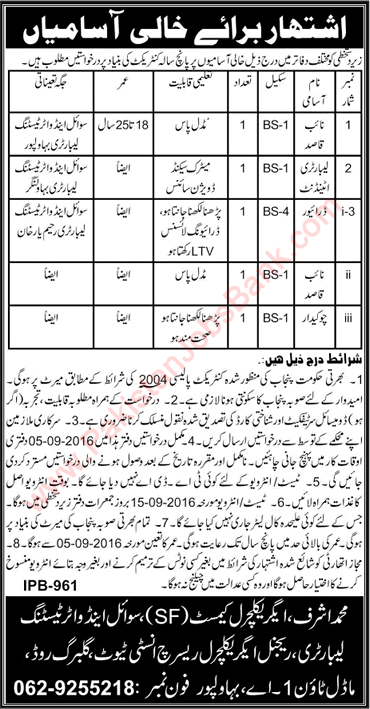 Soil and Water Testing Laboratory Punjab Jobs August 2016 Naib Qasid, Lab Attendant, Driver & Chowkidar Latest