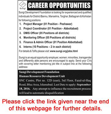 Sungi Development Foundation Jobs September 2016 Interns, Monitoring Officers & Others Latest