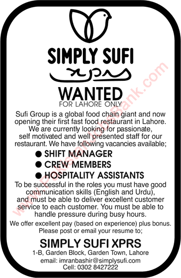 Simply Sufi Lahore Jobs 2016 October / November Shift Manager, Crew Members & Hospitality Assistants Latest