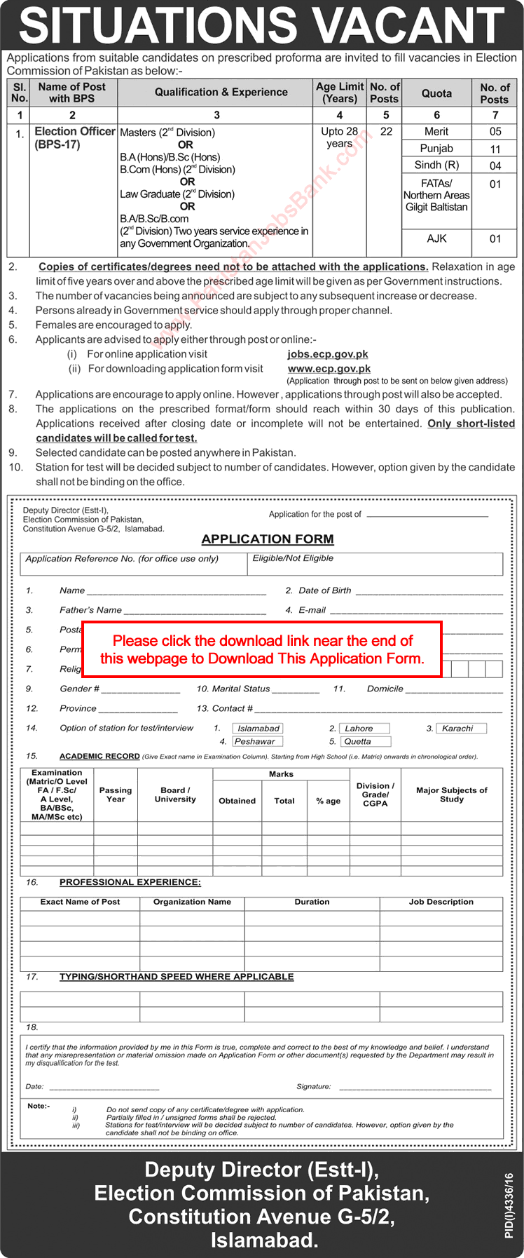 Election Officer Jobs in Election Commission of Pakistan 2017 February Apply Online ECP Latest