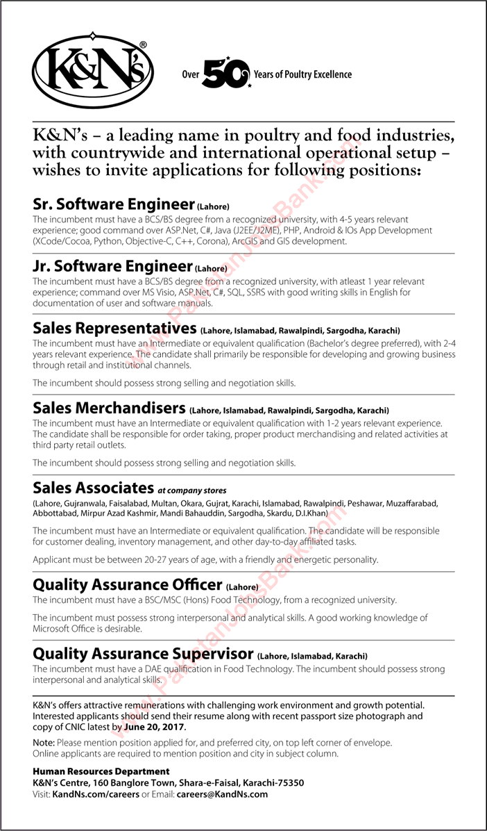 K&N's Jobs 2017 June Sales Representatives / Associates, QA Supervisors & Others Latest