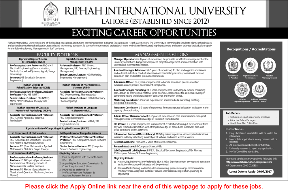 Riphah International University Lahore Jobs July 2017 Apply Online Teaching Faculty & Others Latest