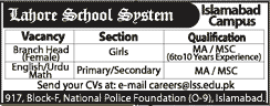 Lahore School System Islamabad Campus Jobs August 2017 Teachers & Branch Head Latest