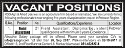 RSS Agri and Allied Services Peshawar Jobs 2017 September for Field Assistants Latest