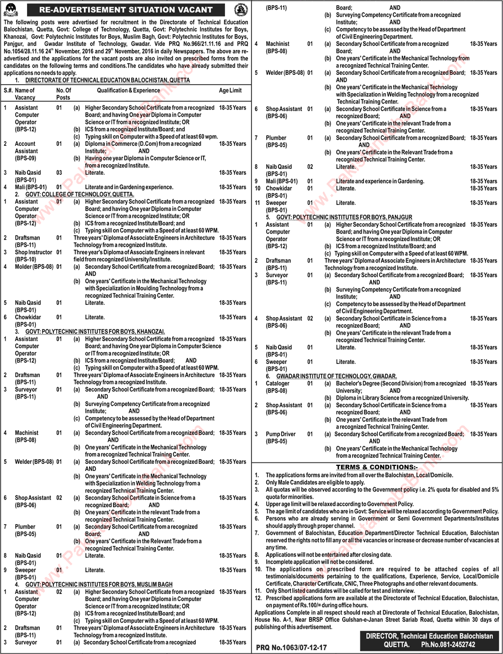 Directorate of Technical Education Balochistan Jobs 2017 December Computer Operators, Naib Qasid & Others Latest