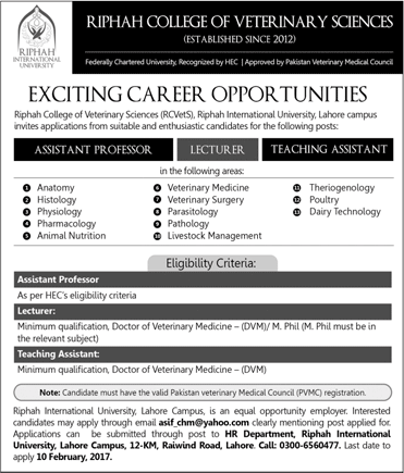 Riphah College of Veterinary Sciences Lahore Jobs 2017 December 2018 Teaching Faculty Latest