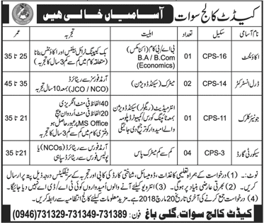 Cadet College Swat Jobs 2018 March Drill Instructors, Security Guards, Clerk & Accountant Latest