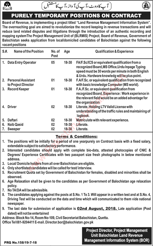 Board of Revenue Balochistan Jobs July 2018 Data Entry Operators, Drivers, Naib Qasid & Others Latest