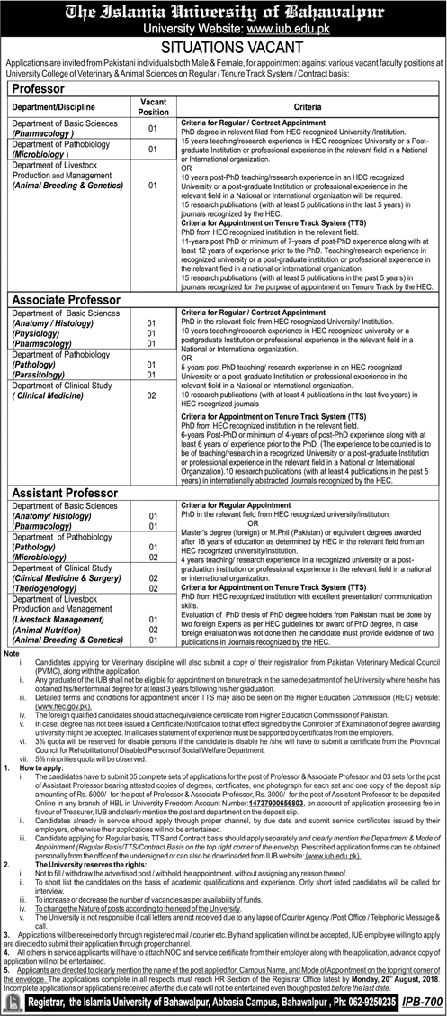 Islamia University Bahawalpur Jobs 2018 July / August IUB Teaching Faculty Latest