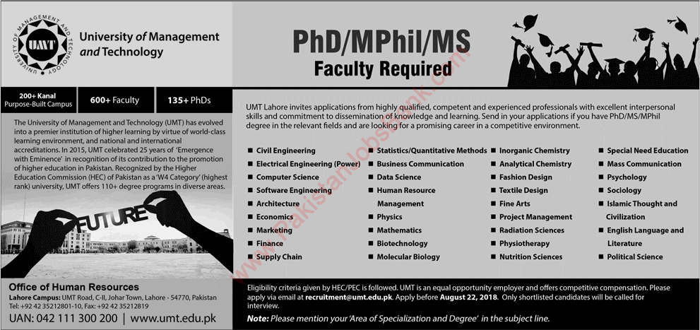 UMT Lahore Jobs August 2018 Teaching Faculty in University of Management and Technology Latest