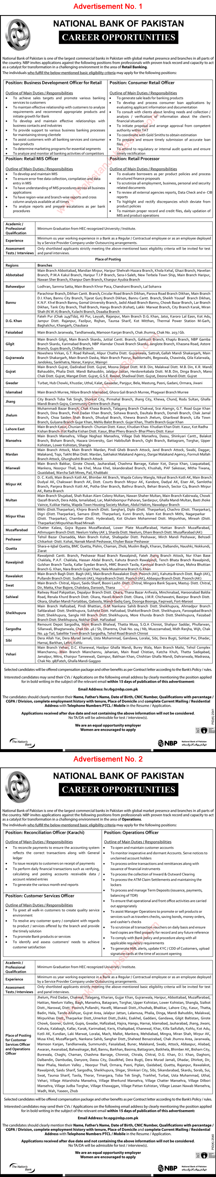 National Bank of Pakistan Jobs 2020 January Customer Services Officers & Others NBP Latest