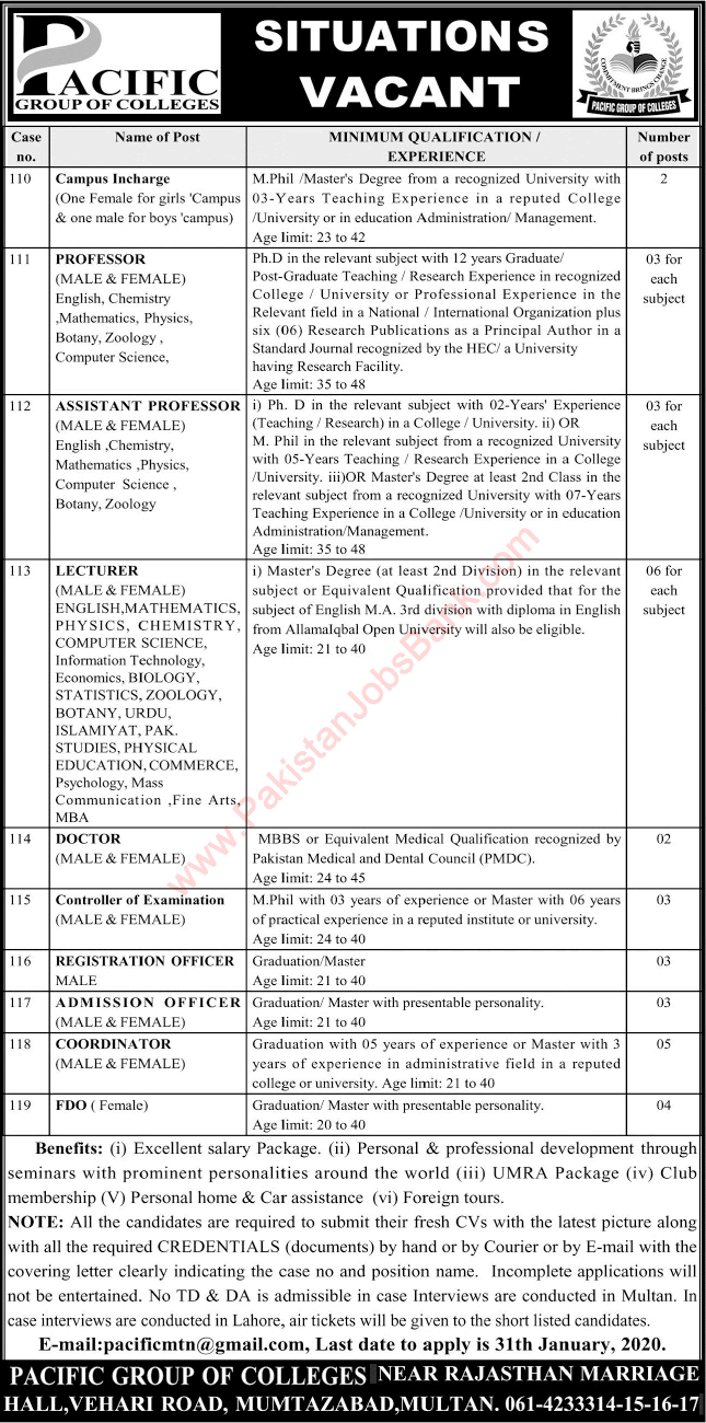 Pacific Group of Colleges Multan Jobs 2020 January Teaching Faculty & Others Latest