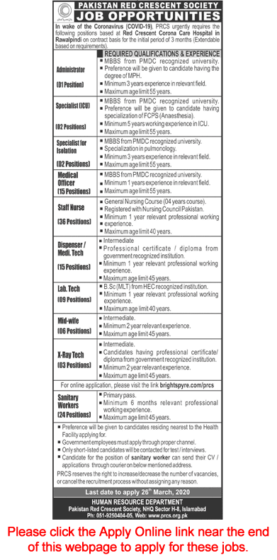 Pakistan Red Crescent Society Rawalpindi Jobs 2020 March Apply Online Nurses, Medical Officers & Others Latest