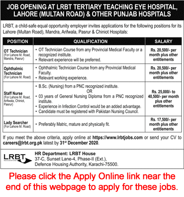 LRBT Jobs December 2020 Apply Online Staff Nurses, OT Technicians & Others Latest